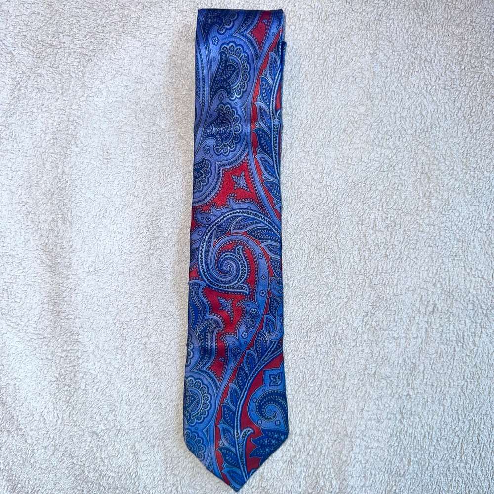 NWOT Men’s Burma Bibas 100% Silk 64” Necktie Designer Paisley Blue/Red Italy